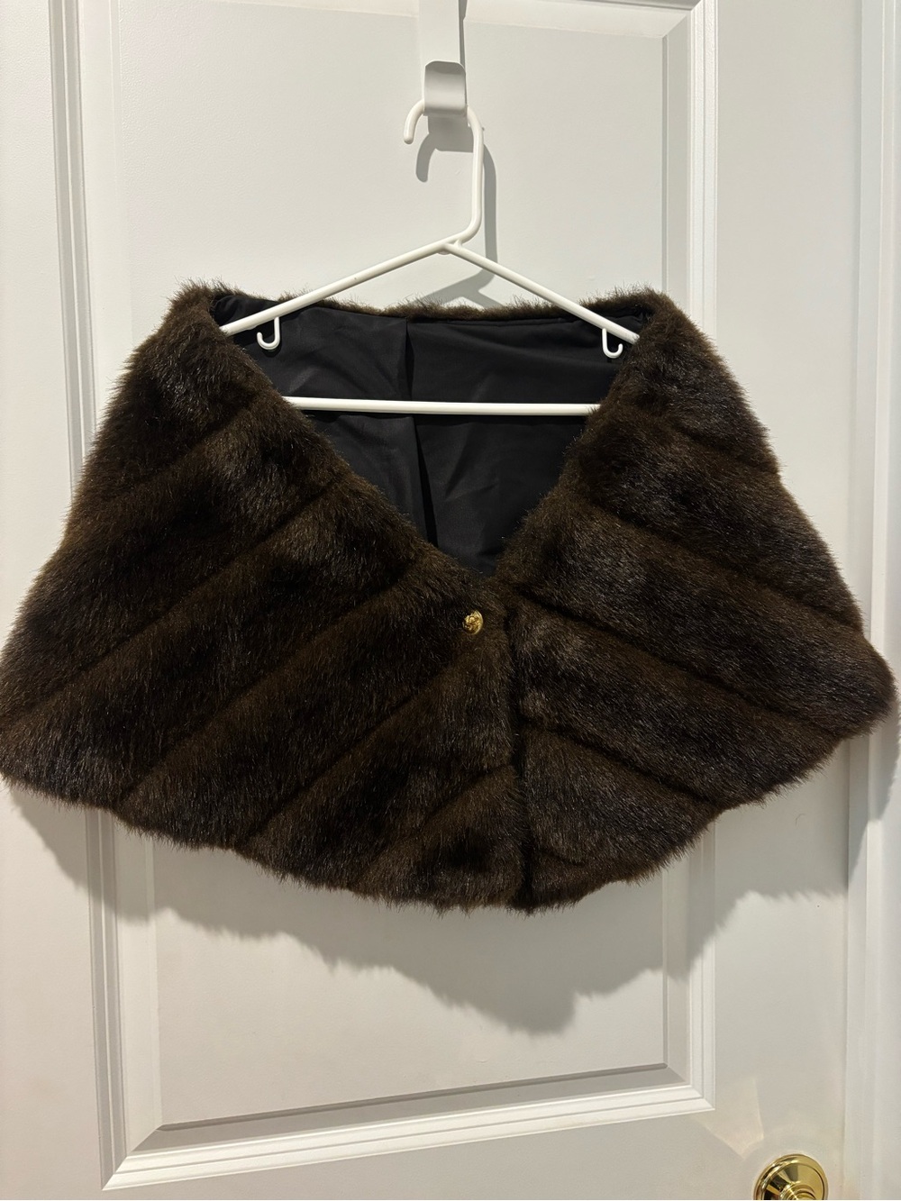 Vintage dark brown mahogany faux fur capelet diagonal panels gold lion button